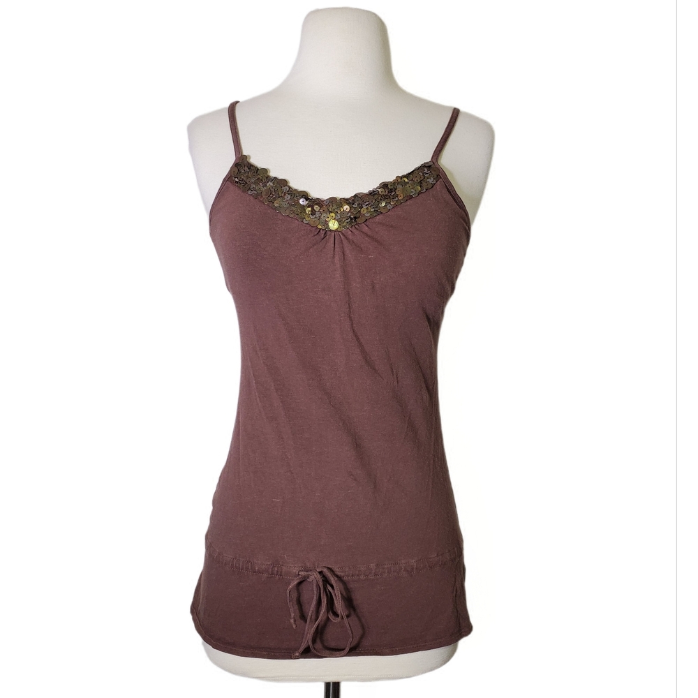 Cider Camisoles Tank Top Brown Sleeveless V-Neck Sequin Trim Classic Y2K Top S